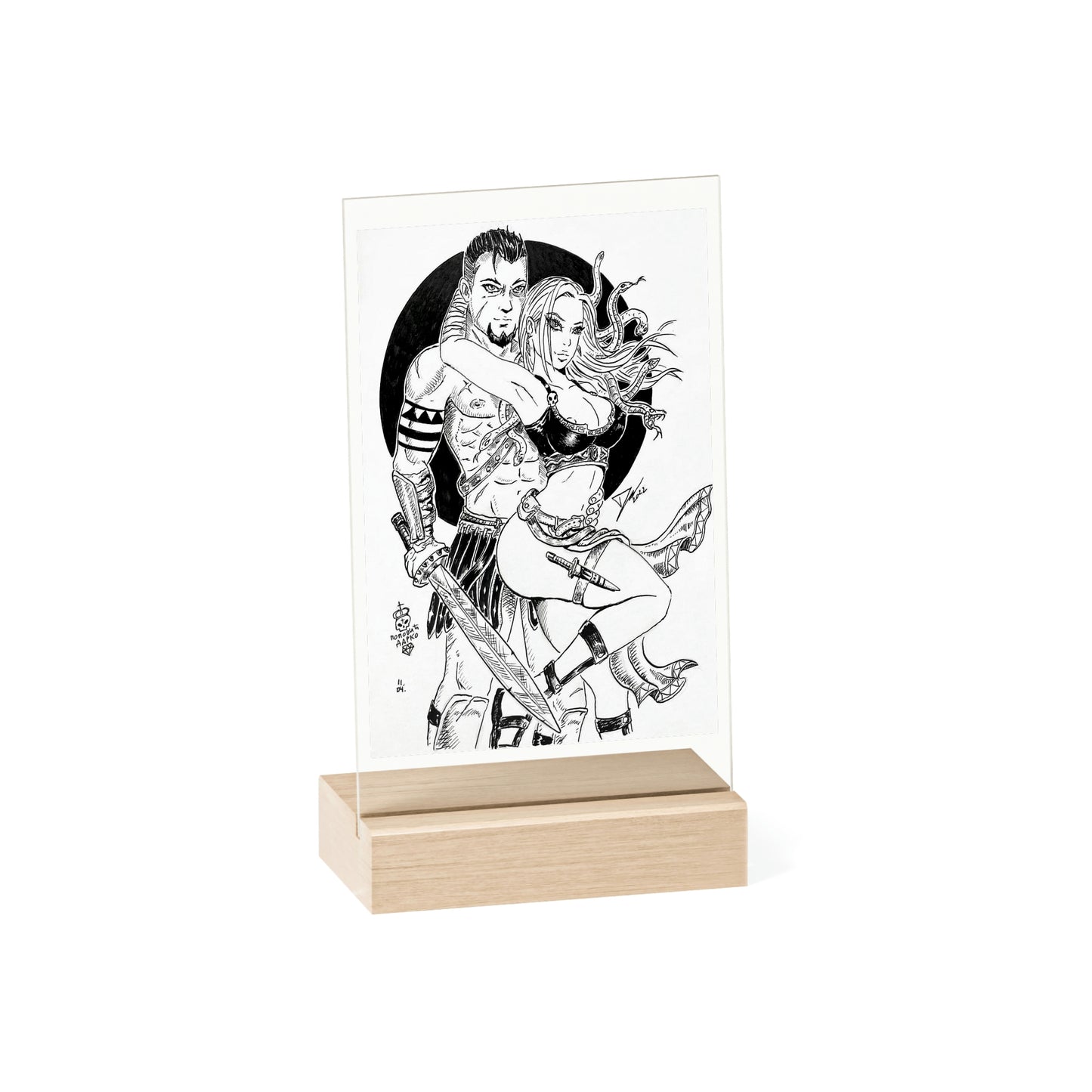 Medusa & Stavros - Acrylic Sign with Wooden Stand